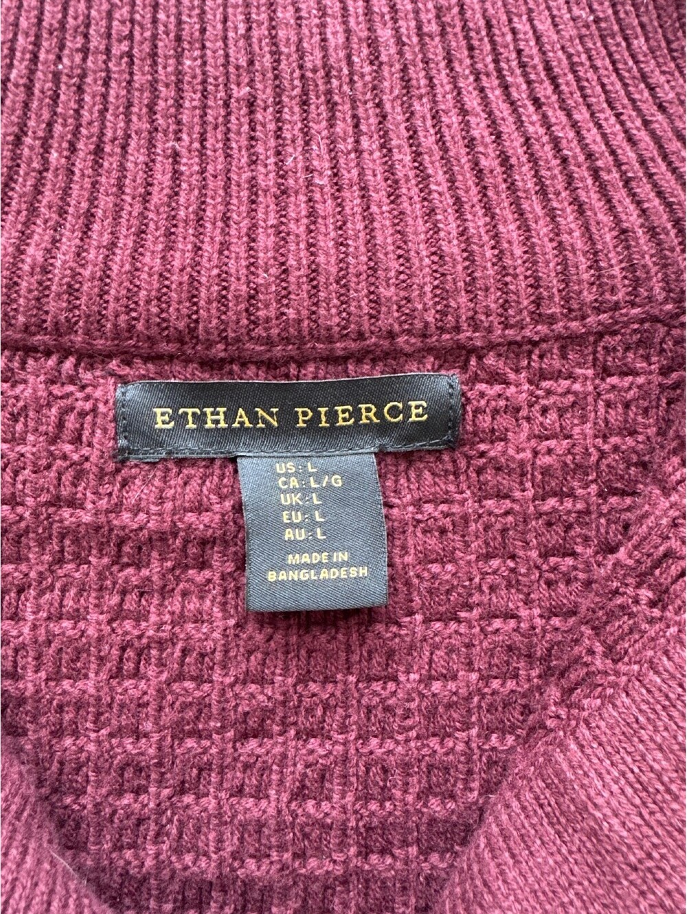 Burgundy Waffle Knit Button Mock Neck Cotton Sweater Old Money Preppy Mens L - Picture 5 of 9